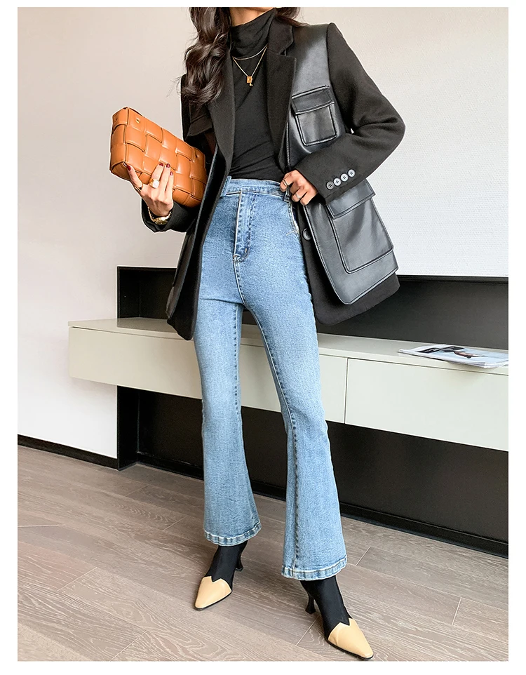 Nerazzurri Autumn Black Wool Blends Patchwork Leather Jacket Women with Many Pockets Long Sleeve Korean Fashion Streetwear 2022