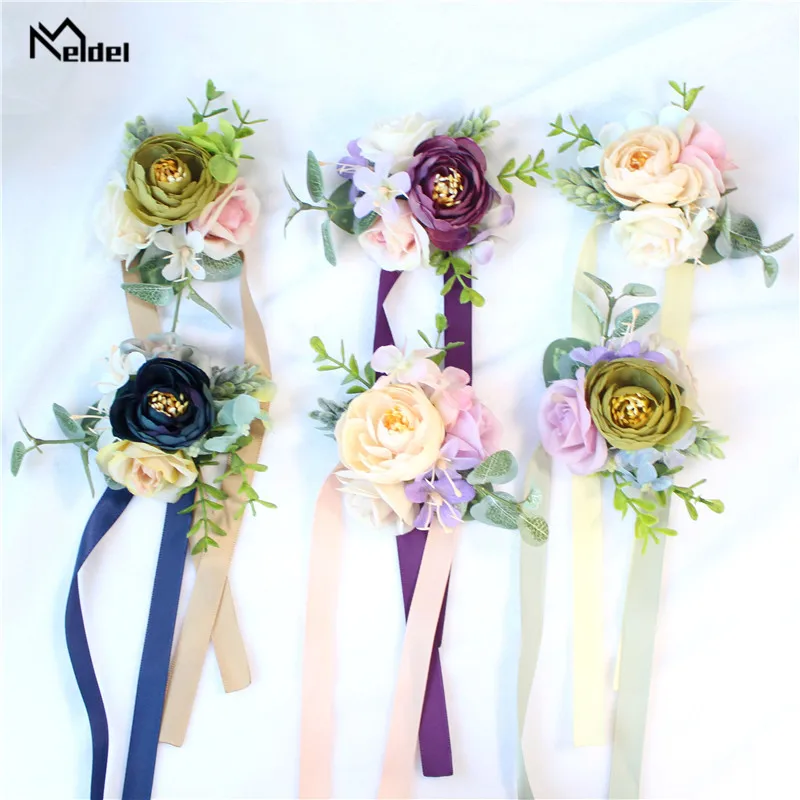 Meldel Artificial Silk Rose for Wedding Bridesmaid Wrist Corsage  Girl Bracelet Flower  Men Boutonniere  Wedding Planner Flowers