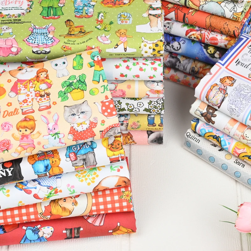 Hot Selling Cartoon Cat And Girls Patternes Print Cotton Fabric By The Yard,Sew Dress Clothes Decor Fabric,DIY Quilting Material