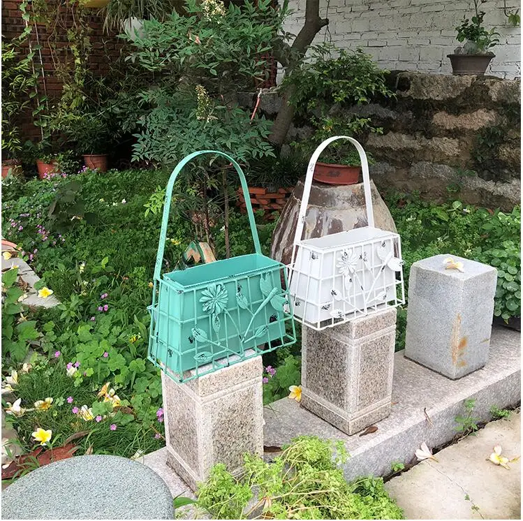 American Country Wrought Iron Bag Flower Basket Ornaments Garden Figurines Crafts Outdoor Yard Metal Vase Accessories Decoration