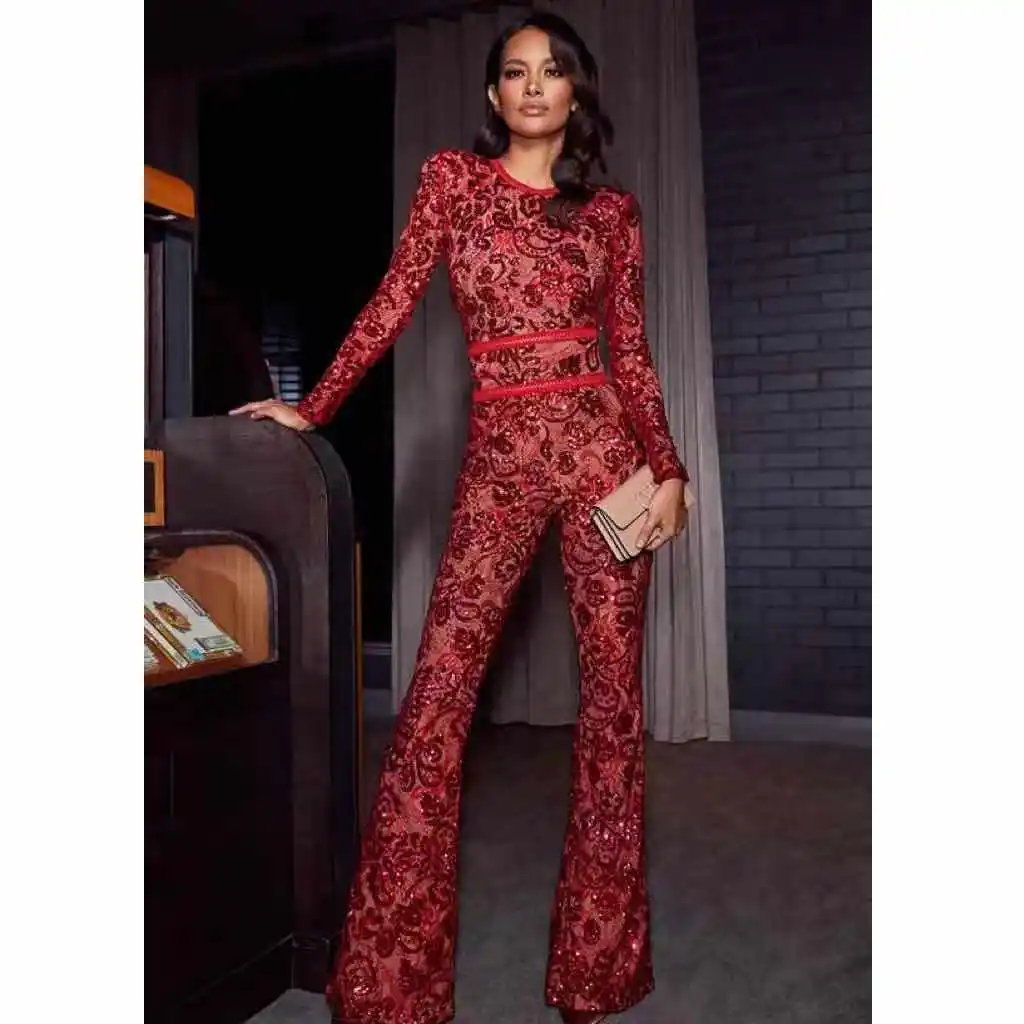 2021 Spring New Jumpsuits Hot Sale Sexy Lace Hollow Out Rompers Red Flame Pants Women's Fashion Club Street Wear