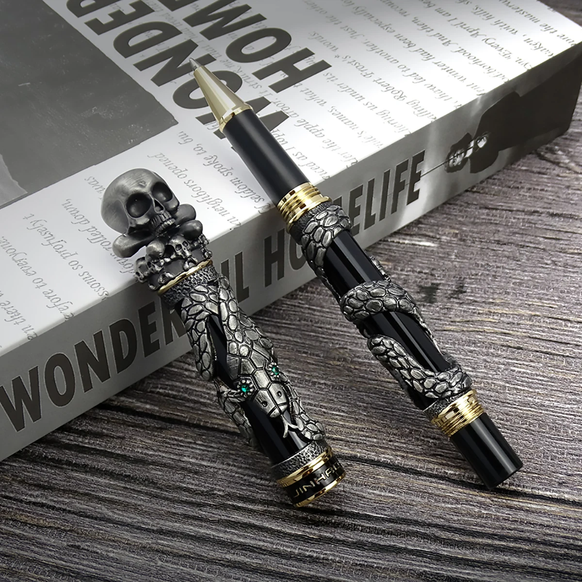 Jinhao Metal Vintage Rollerball Pen Skull Skeleton Unique Pen Cap Fine Point 0.5mm Heavy Collection Ancient Gray Office Gift Pen