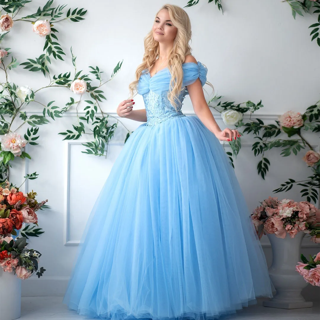 Vibrant Custom Made  Prom Dress Off-The-Shoulder Ruffles Sleeves Floor Length Layered Puffy Tulle Print Pageant Gown Plus Size