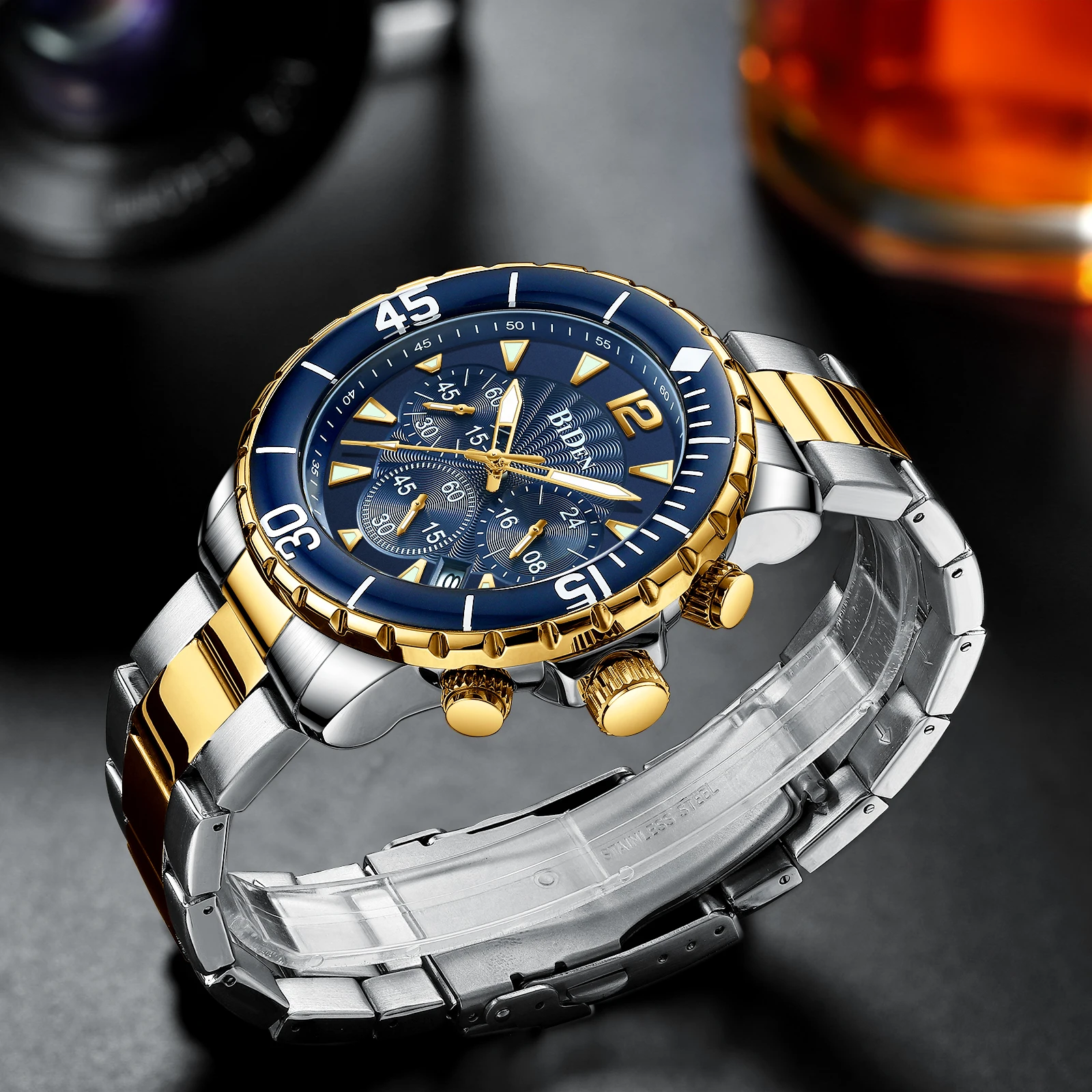 Luxo Blue Watch Men Top Marca BIDEN 3ATM Impermeável Clássico Dourado Azul Chrono Negócios Casuais Homens Relógio de Pulso Presentes para Homens