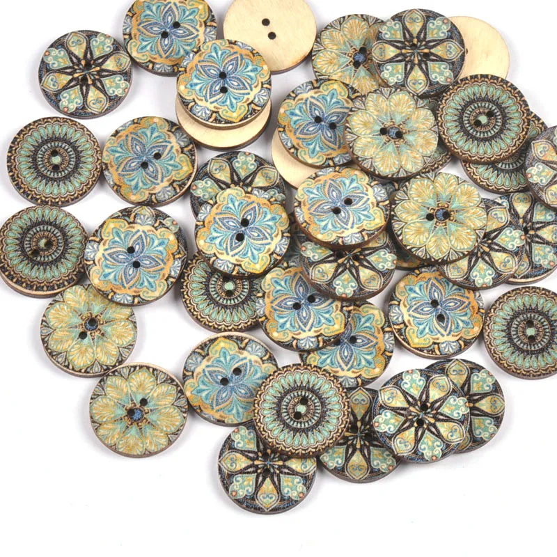 50Pcs 25mm bottoni in legno stampati Vintage per Scrapbooking artigianato fai da te abbigliamento da cucito abbigliamento per bambini abbellimento