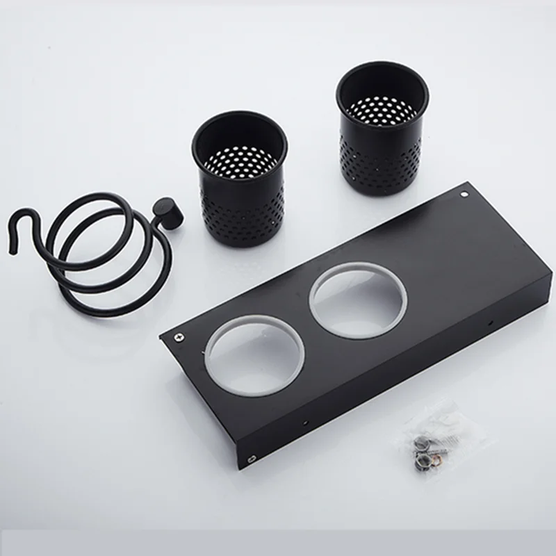 Black/Silver Hair Dryer Bracket Hanging Hair Dryer Organiser Shelf Wall Mounted Nail-perforated Bathroom Hardware Stand Aluminum
