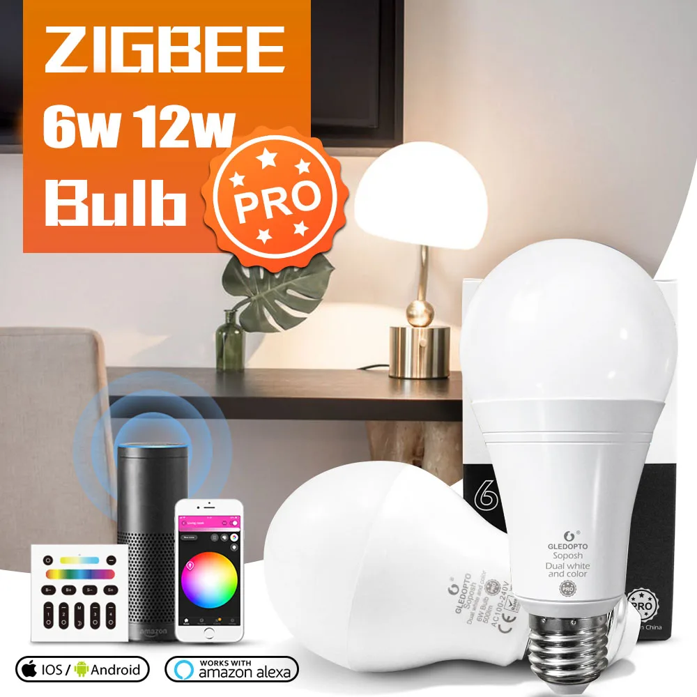 

Zigbee 3.0 Smart RGB+CCT LED Light Bulbs Dimmable 6W 12W Pro E27 E26 B22 Tuya App Alexa Echo Plus Voice RF Remote Control