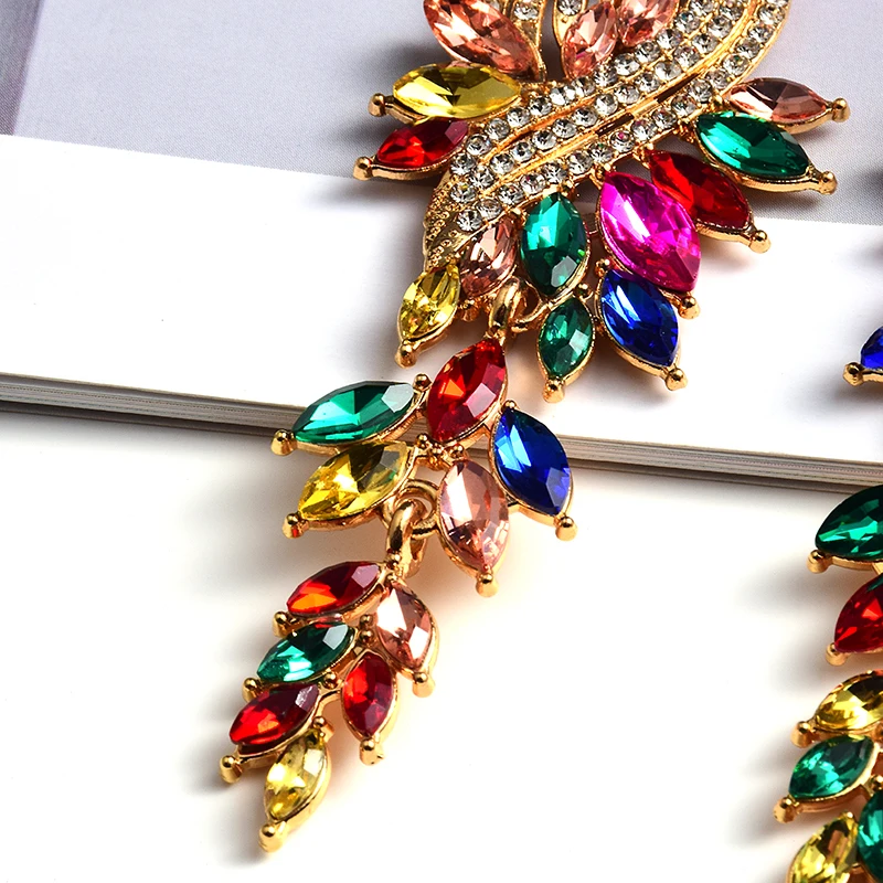 Vintage Crystal Long Drop Earrings Fashion Multicolored Hanging Bride Rhinestone Earring For Women Party Wedding Jewelry