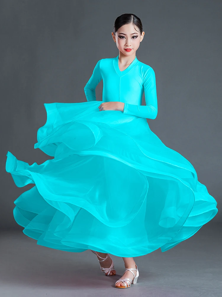 New Children'S Latin Ballroom Dance Dress For Girls Pink V-Neck Split Large Skirt Modern Dance Gauze Skirt Ballroom Wear DN11077