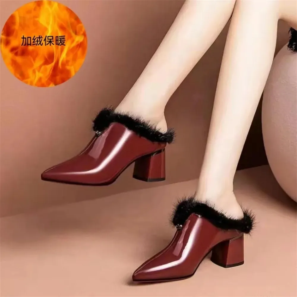 

Женская обувь, меховые тапочки, плюшевые мюли, мягкие сексуальные модные женские туфли с острым носком на высоком каблуке, дизайнерские вечерние туфли-лодочки на осень и зиму