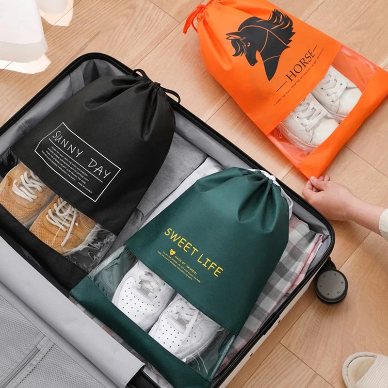 5pcs Portable Travel Shoe Bag Clothes Organizer Transparent Cover Dustproof Makeup Clothes Shoes Storage Drawstring Bags