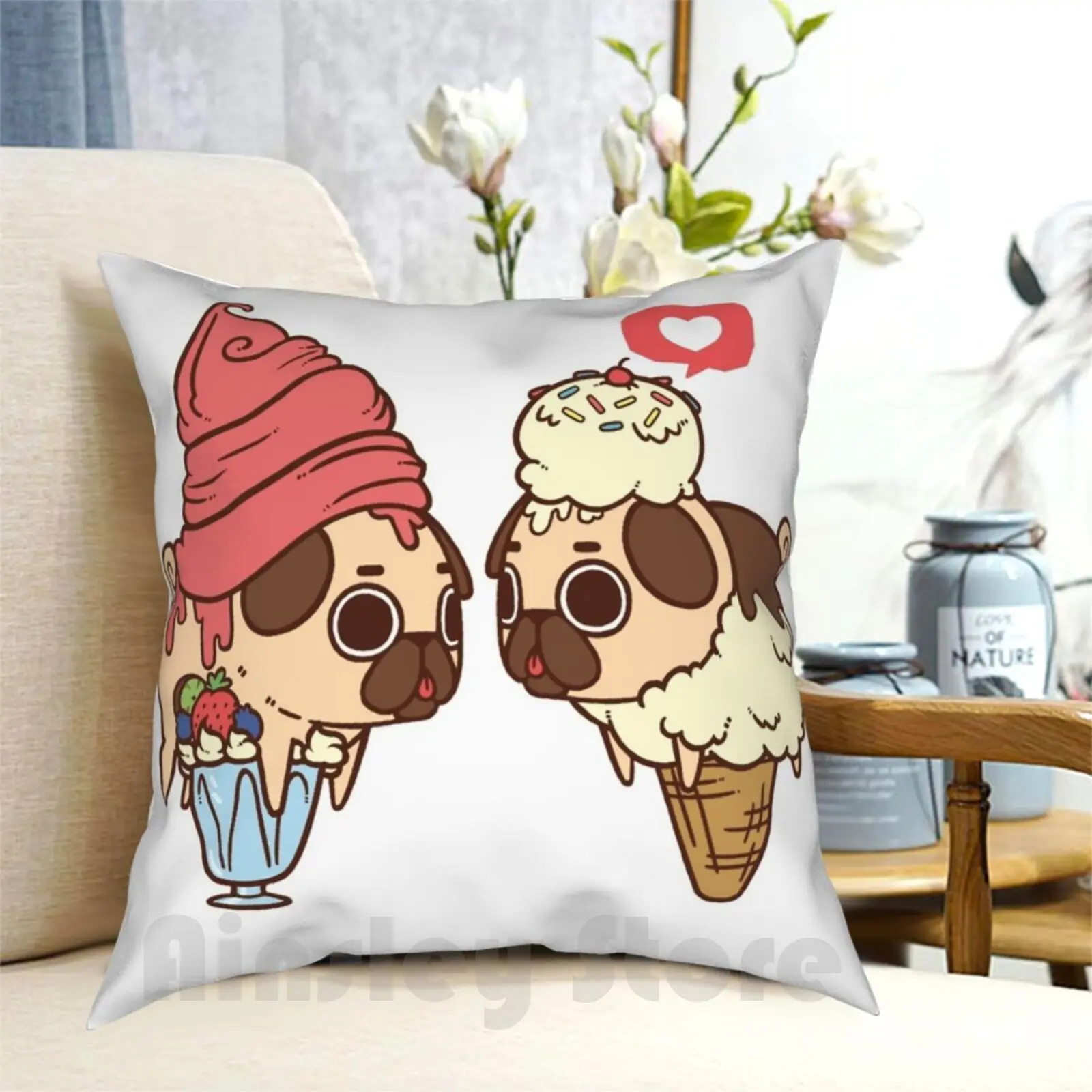 Puglie Froyo And Ice Cream Pillow Case Printed Home Soft Throw Pillow Pug Pugs Food Yoghurt Ice Cream Puglie Cute Funny