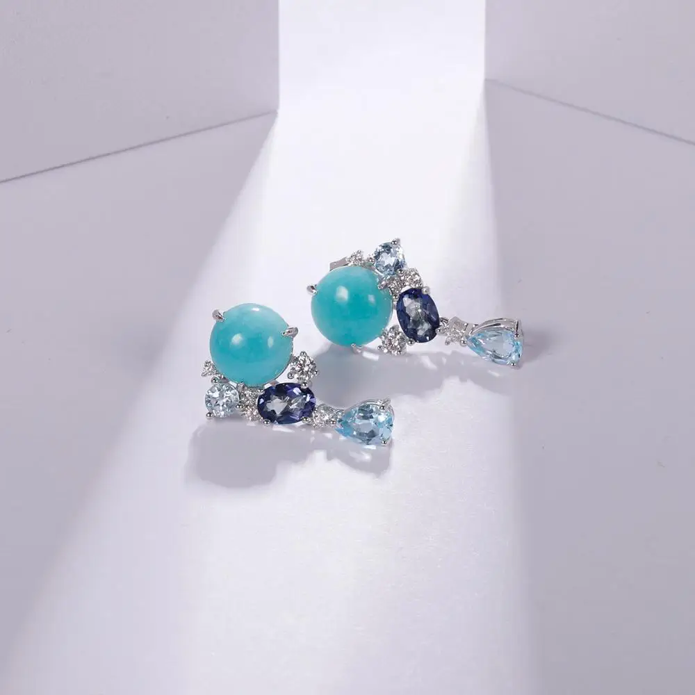 GEM\'S BALLET 925 Sterling Silver Handmade Statement Earrings Natural Amazonyte Blue Topaz Gemstone Drop Earrings For Women