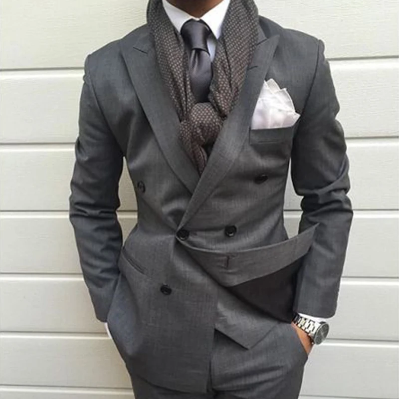 

Double Breasted Suit Men 2021 New Design Fashion Formal Men Clothing Slim Fit 2 Piece Set Grey Tuxedo Wedding Dress Blazers Pant