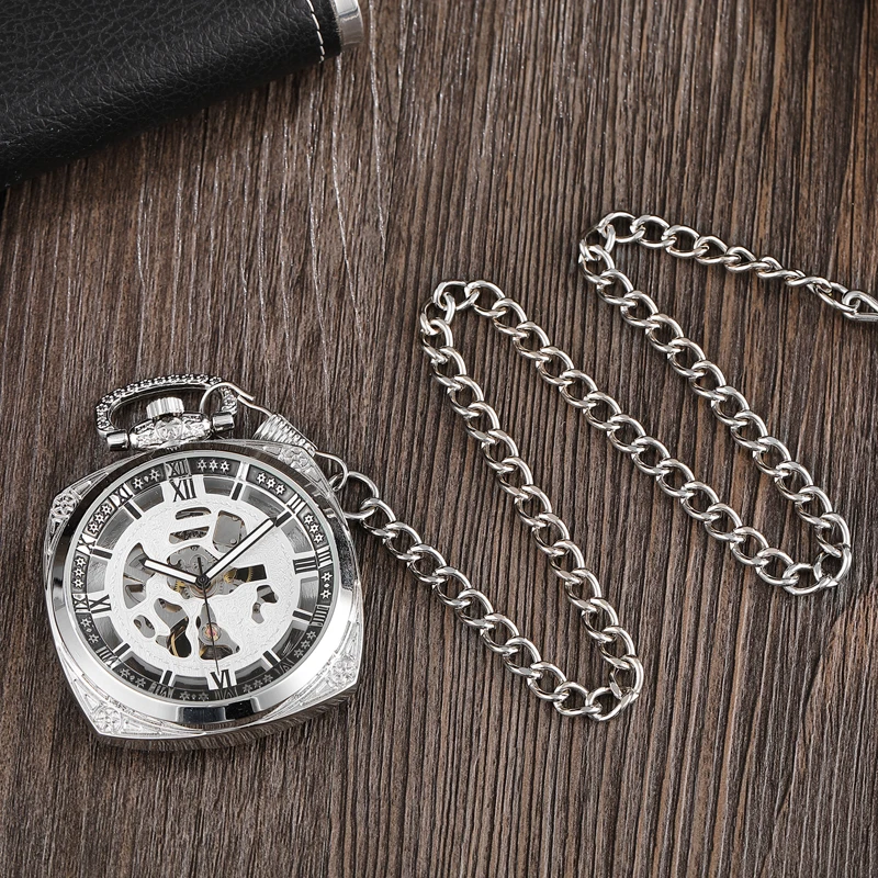 Vintage Retro Square Dial Steel Mechanical Pocket Watch Men Hollow Skeleton Sculpture Steampunk Pocket Watch Set Women Men Gifts