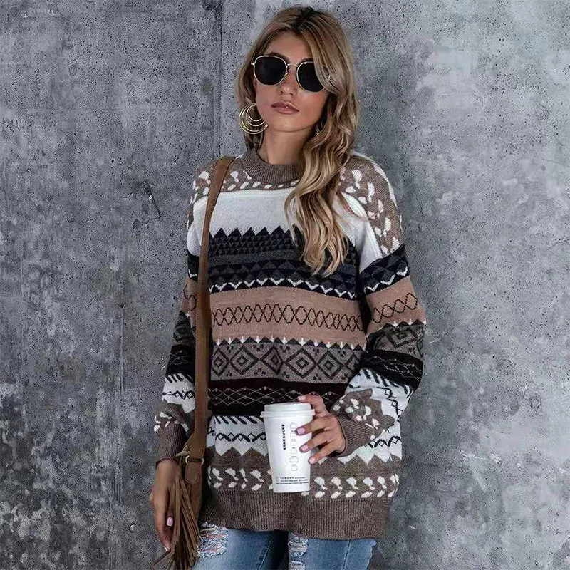 Women Sweater Fall Winter Lazy Wind Pullover Loose Round Neck Long Sleeve Retro Korean Style Knitted Sweater PULLOV women