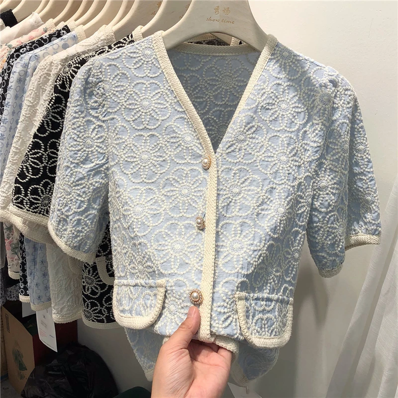 Summer Chic Korean Short Sleeve Plaid Woolen Coats Jackets Woman Tweed Jacket Fashion Elegant Office Lady Sweet Outwear Crop Top