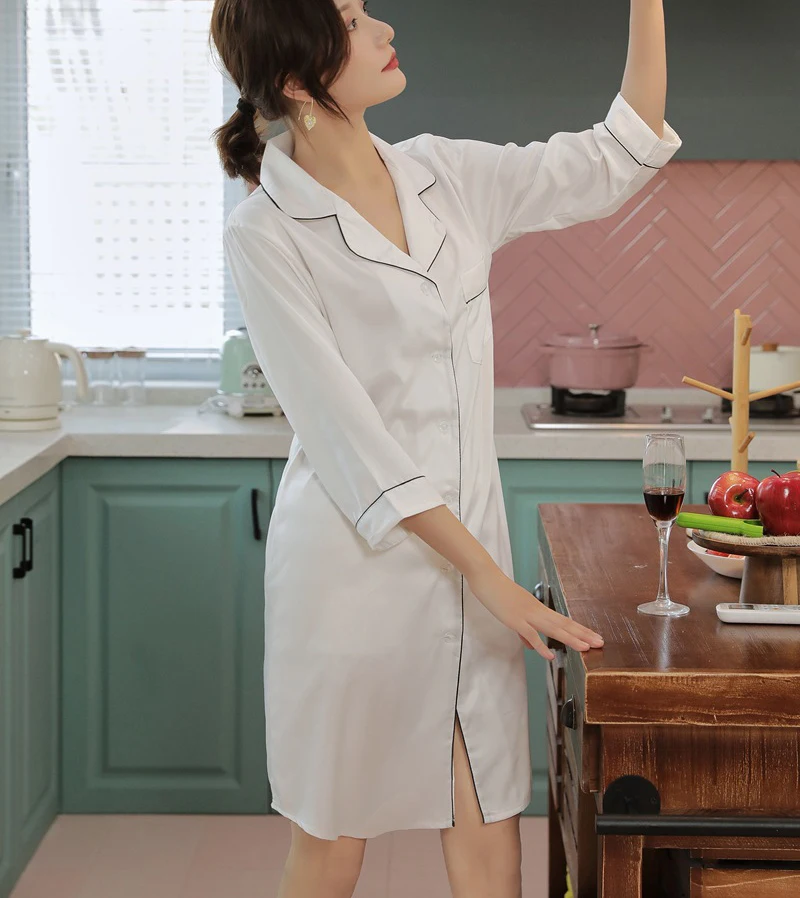 Shirt Pajamas Robes White Womens Negligee V-Neck Top Gown Nightgown Summer Sleepwear Turn-down Collar Sleepshirts Dress Homewear