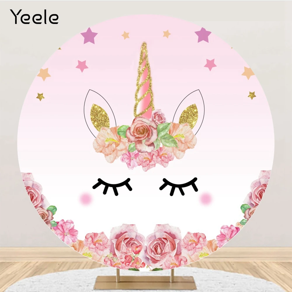 

Yeele Pink Flowers Unicorn Kids Round Backdrop Newborn Baby Shower Party Photography Background Custom Polyester Photo Studio