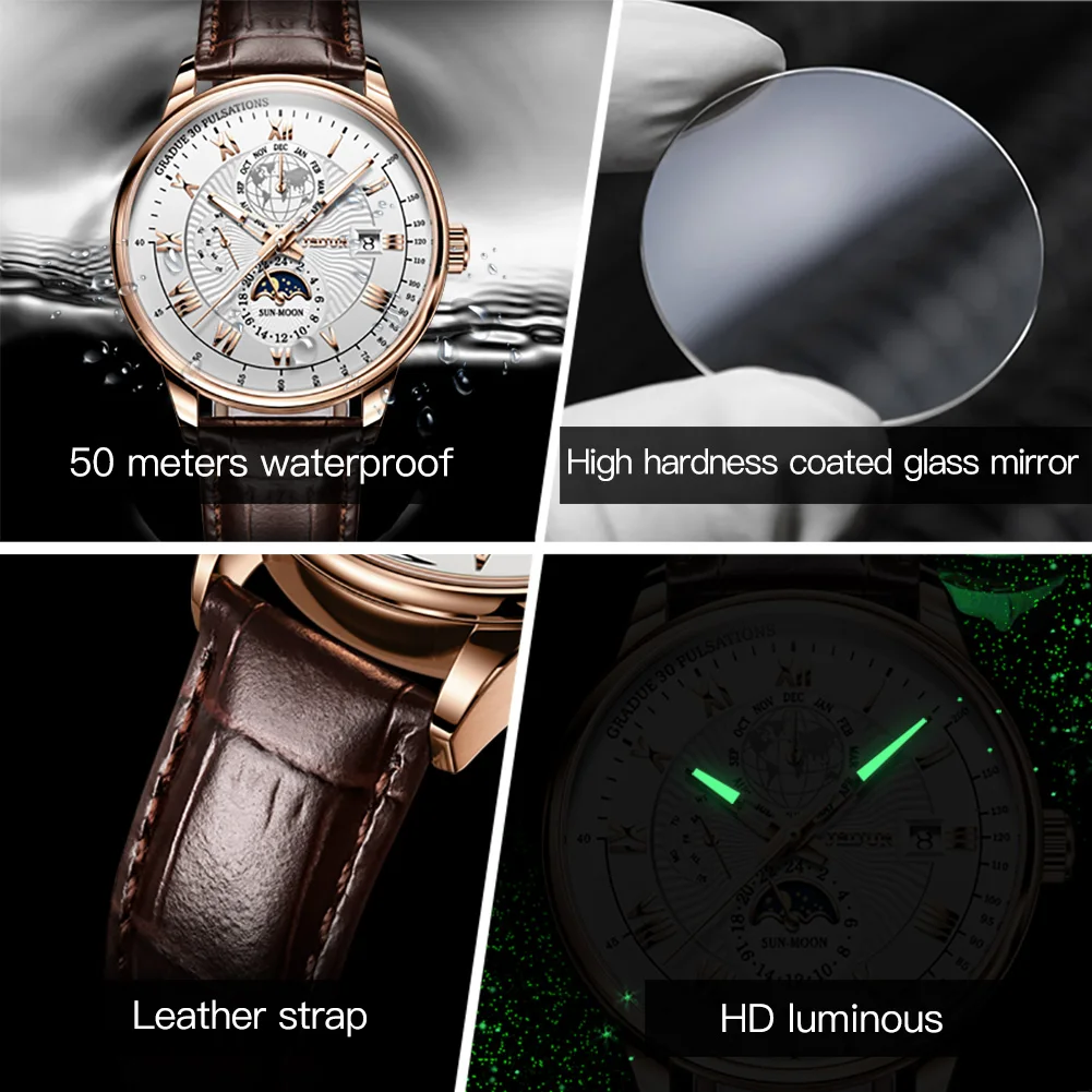 Top Brand Luxury Mechanical Watch Men Automatic Leather Casual Waterproof Sports Moon Phase Wristwatch Reloj Hombre +Box