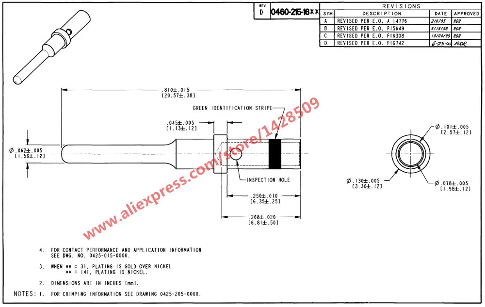 Female Male Gold Plated DT PIN, SOLID, SIZE 16, 16-20AWG, Deutsch Crimp TERMINAL 0460-215-1631 0462-209-1631