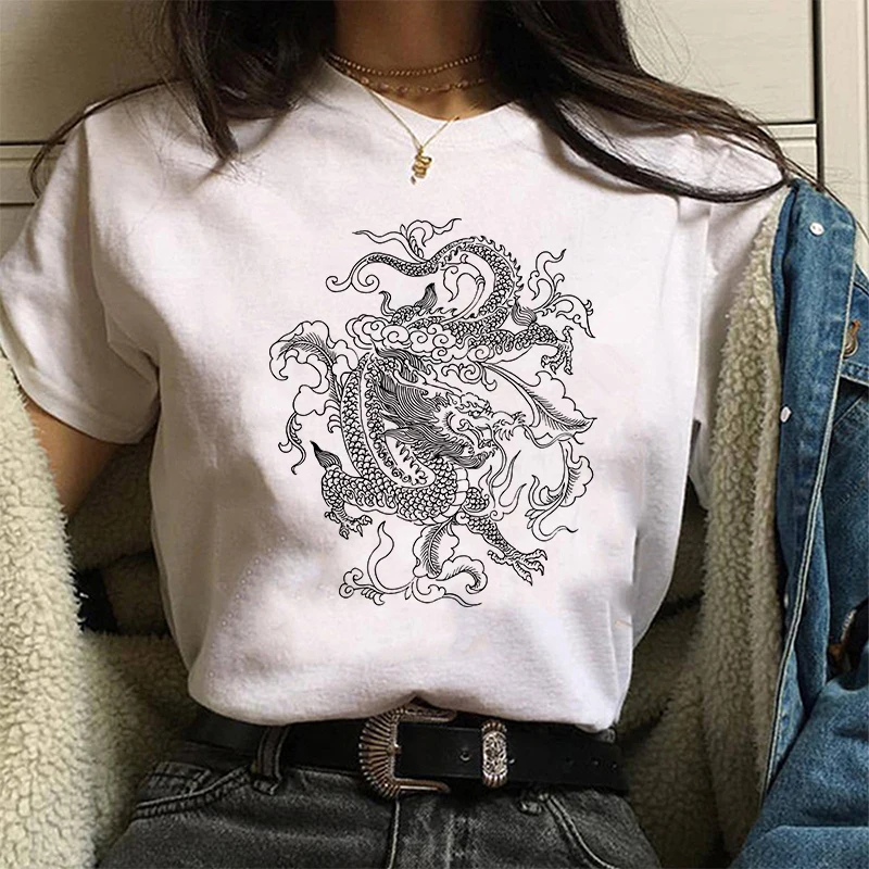 Women\'s T-shirt Hip Hop Streetwear Tops Women Ulzzang Harajuku Kawaii Chinese Dragon Print T Shirt Summer Graphic Tees,Drop Ship