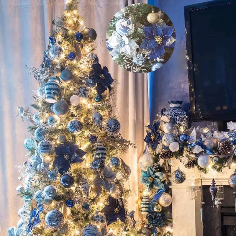 Glitter natalizi 20 pezzi ornamento per albero di natale matrimonio artificiale fiori di natale ghirlande ornamenti di nozze blu