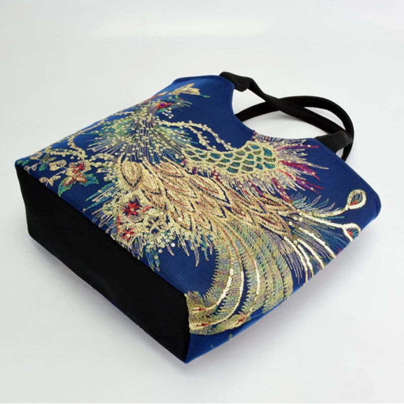 Einkaufstasche mit Pailletten im Ethno-Stil, Handtaschen mit Pfauenstickerei, Vintage-Umhängetasche aus Segeltuch – Detail 8