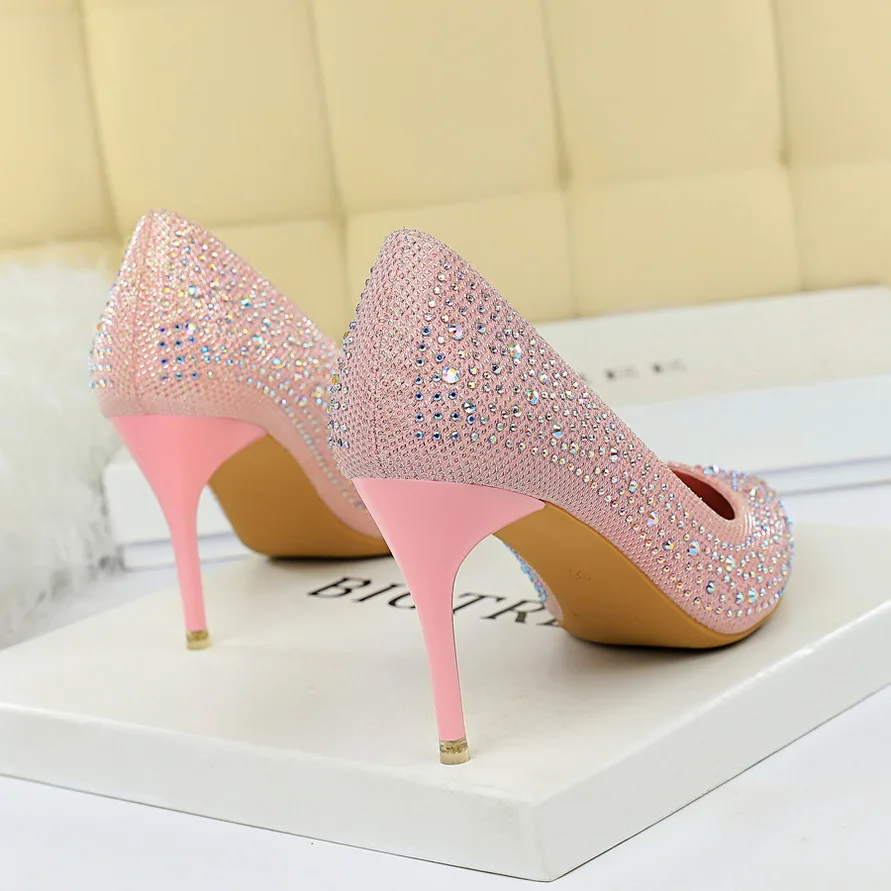 Fashion Rhinestone Shallow Women Pumps 2024 Autumn Black Pink Crystal Wedding Pointed Toe High Heels 7CM Shoes Party Ladies Sexy