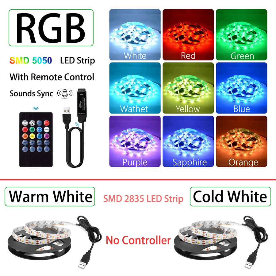 LED Strip Light 2835 5050 USB Bluetooth Flexible Lamp Tape 3key Sound Sensor RGB Ribbon 1M 2M 3M 4M DC5V Decoration TV BackLight