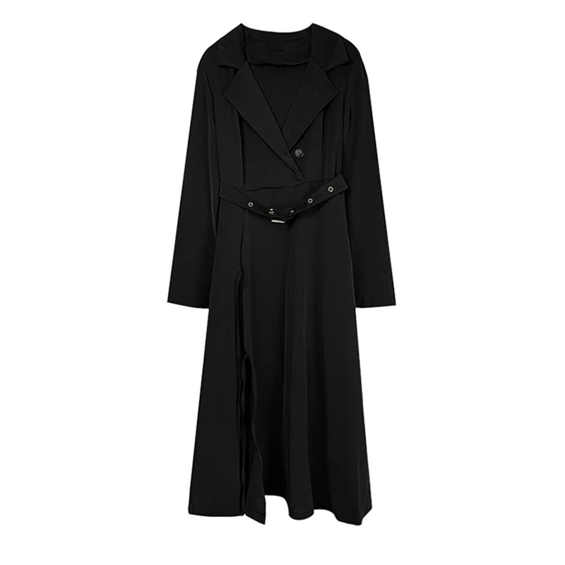 Spring Autumn Korean Fashion Long Sleeve Blazer Dress Women Sexy Notched Collar High Split Gothic Long Sashes Vestidos 2023