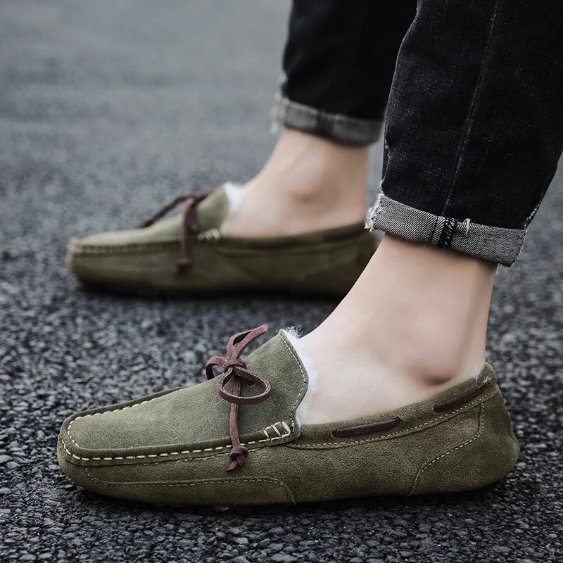 Large Size 38-47 Brand Fashion Winter Fur Moccasins Men Loafers High Quality Suede Leather Shoes Men Flats Gommino Driving Shoes