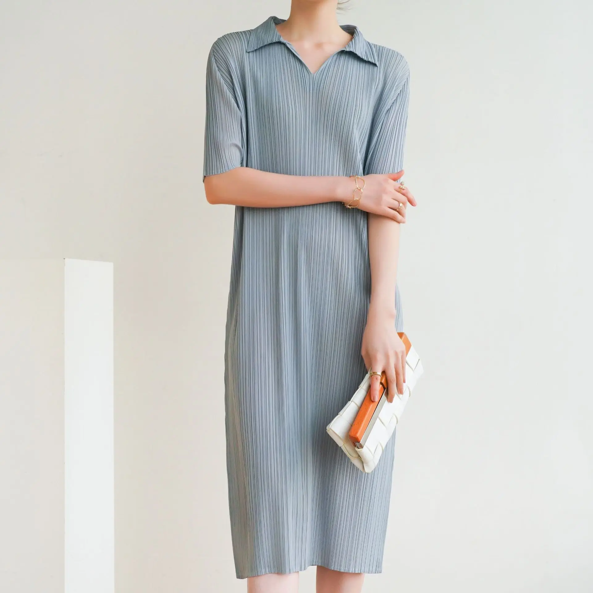 Changpleat 2021 new summer short sleeve dress women Miyak fold Fashion large size commuter mid-length Polo collar solid dress