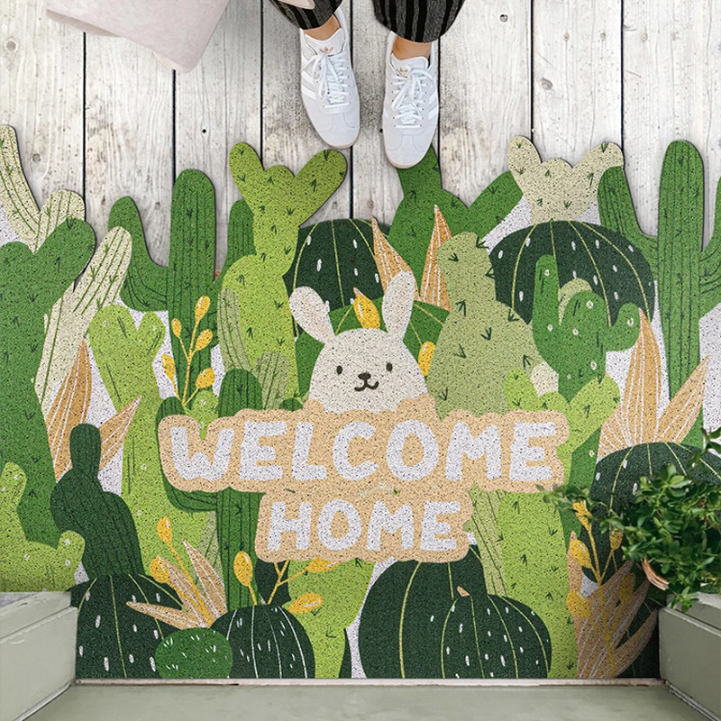 Welcome Home Rug Mat Green Cactus Flower Doormat Easy Clean Non-Slip Rubber Door Mats Low-Profile Heavy Duty Carpet for Garage