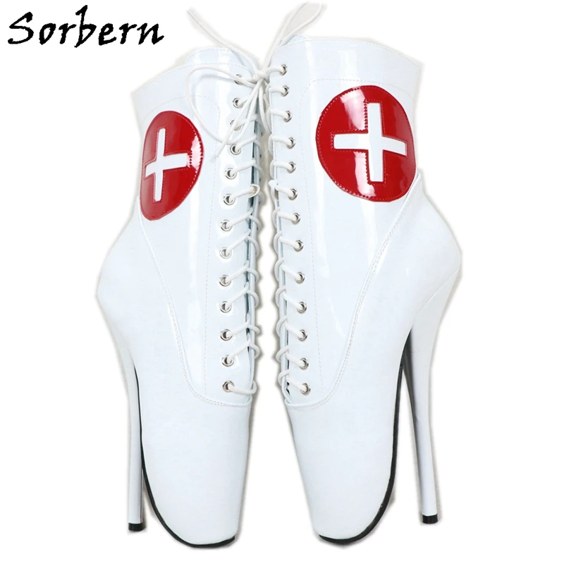 Sorbern Red Cross Nurse Ballet Boots Role Play Ankle High Booties Stilettos 18Cm Lace Up Unisex Plus Size Shoe Short Booties