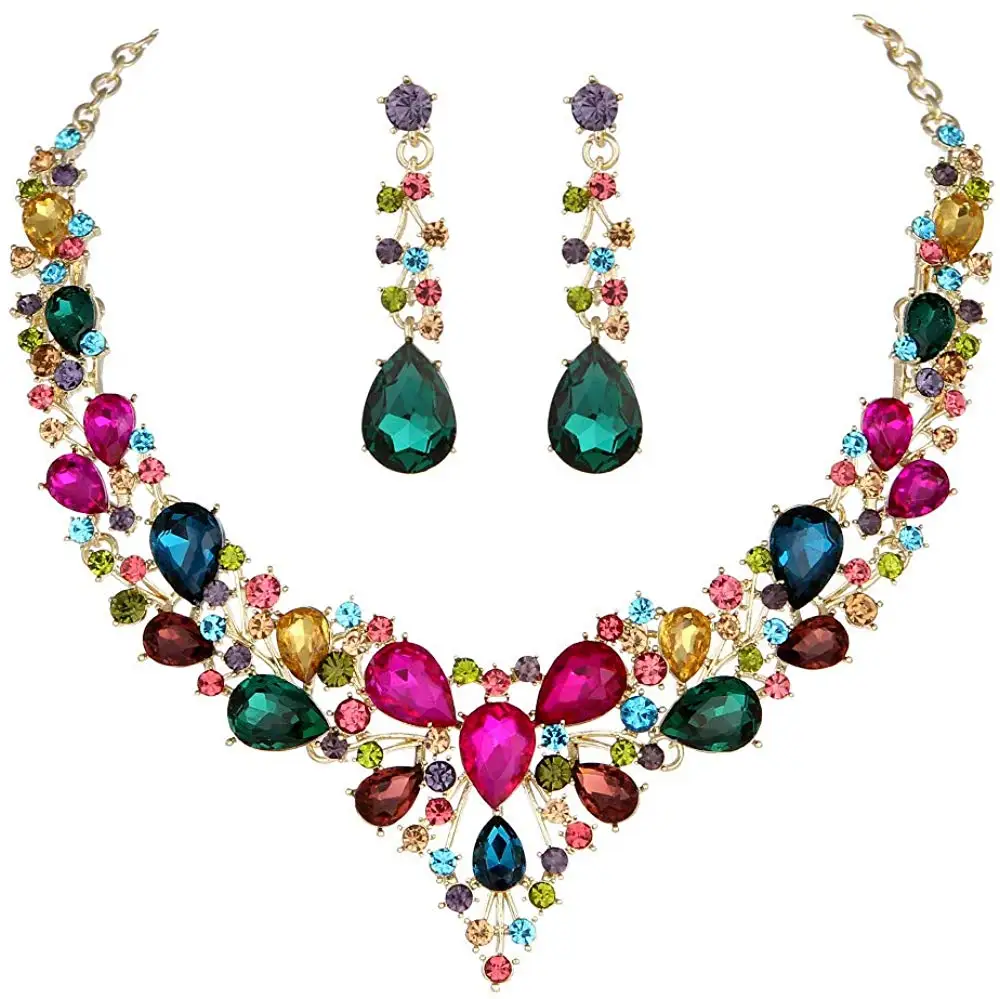 Delicate Women Austrian Crystal Jewelry Sets 16 Colors For Bridal Wedding Necklace And Earrings Sets Lady Party Fashion Jewelry