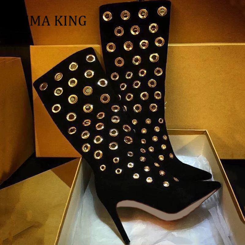 

2021 Spring Women Knee High Boots Sexy Black Suede Eyelets Embellished Boots Pointed Toe Stiletto Heels Women Botas De Mujer