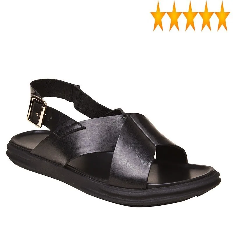 Mens New Brand Geunine Summer Leather Flat Open Toe Breathable Buckle Strap Leisure Black Male Cowhide Beach Sandals