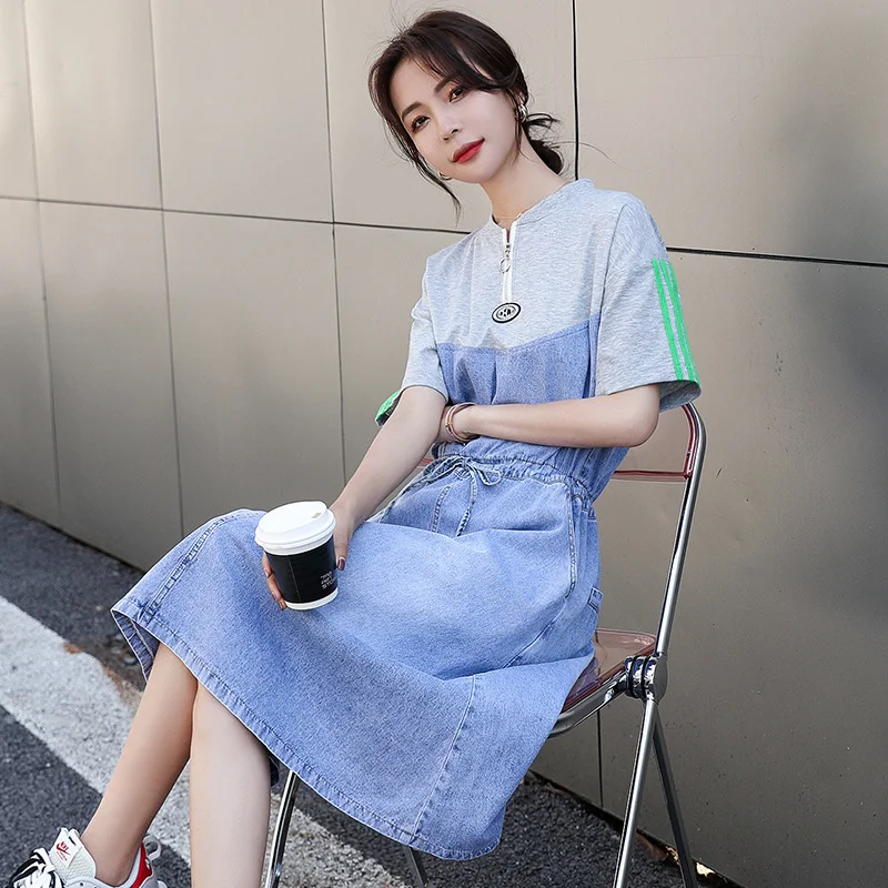 Casual Summer Denim Spliced Midi Dress Office Lady Loose Pullover A-Line Dress Preppy Style Outdoor Short Sleeve Dress M-XL