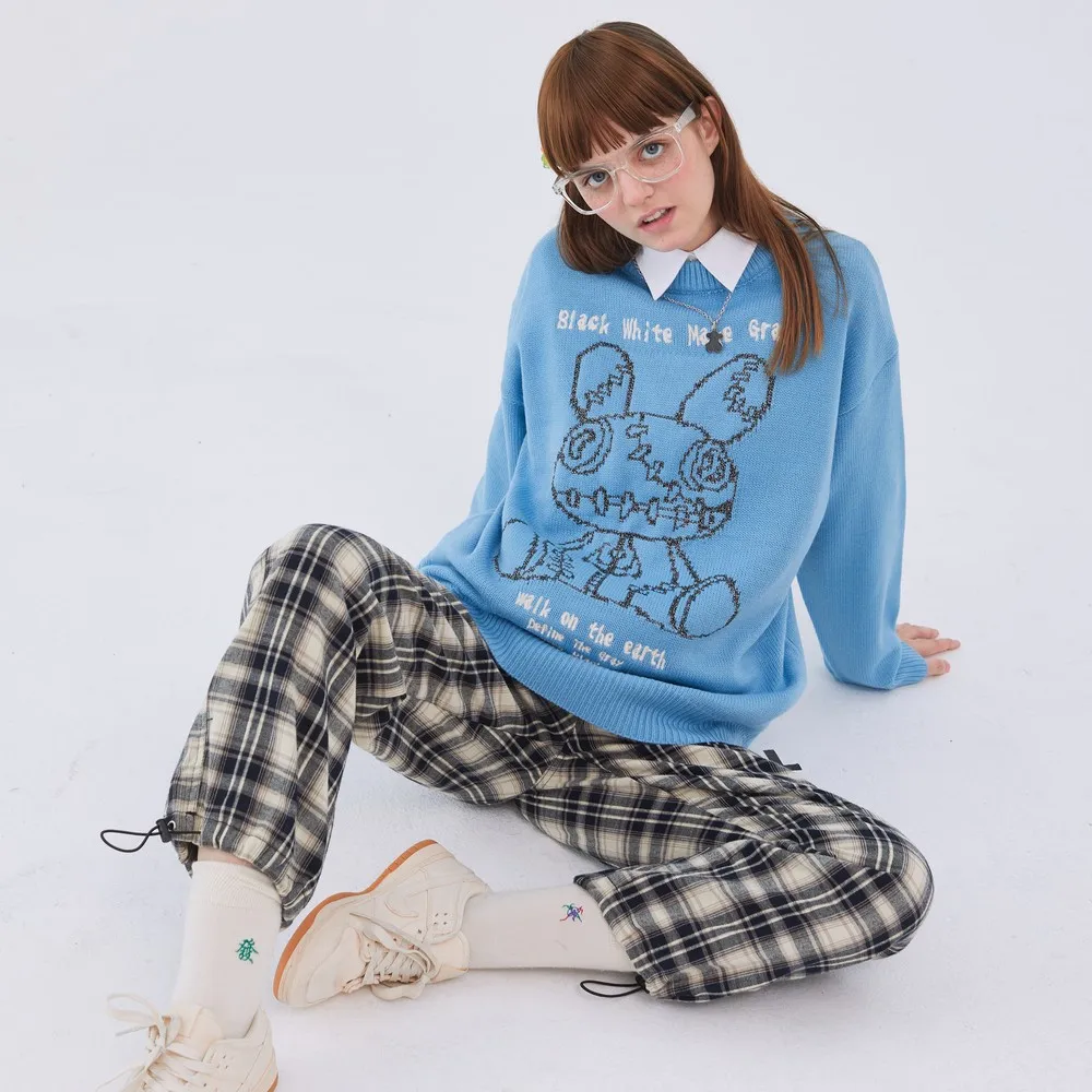 Kawaii Cartoon Blue Vintage Clothes Knitted Retro Sweater Harajuku Women Clothing Pull Homme Tops Nice Pullover Sweter Spring