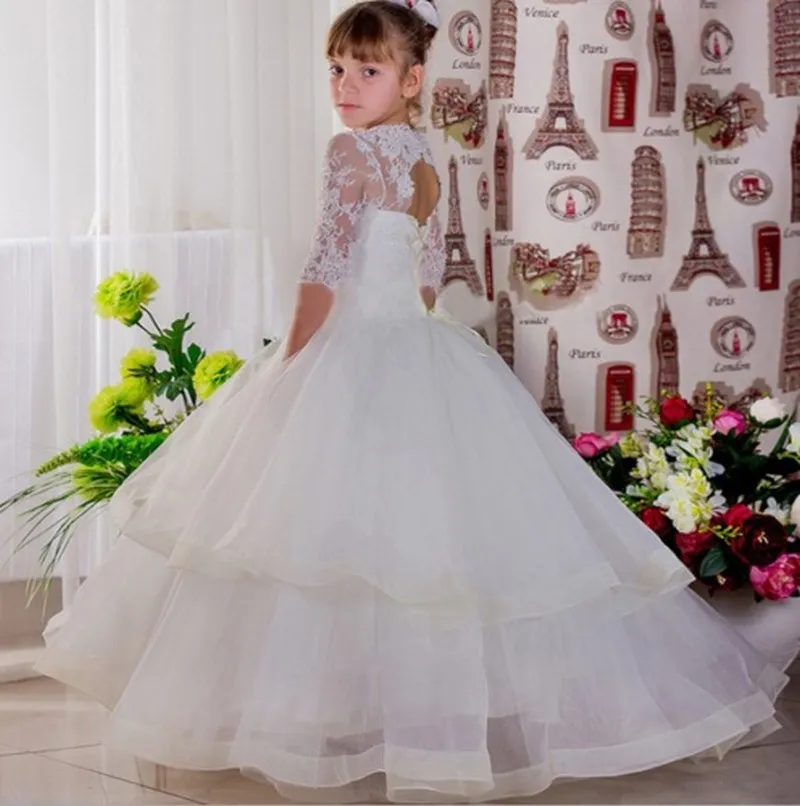 Vestido de princesa infantil para desfile, de meia manga, com rendas e flores, para casamento, tutu até o chão para meninas