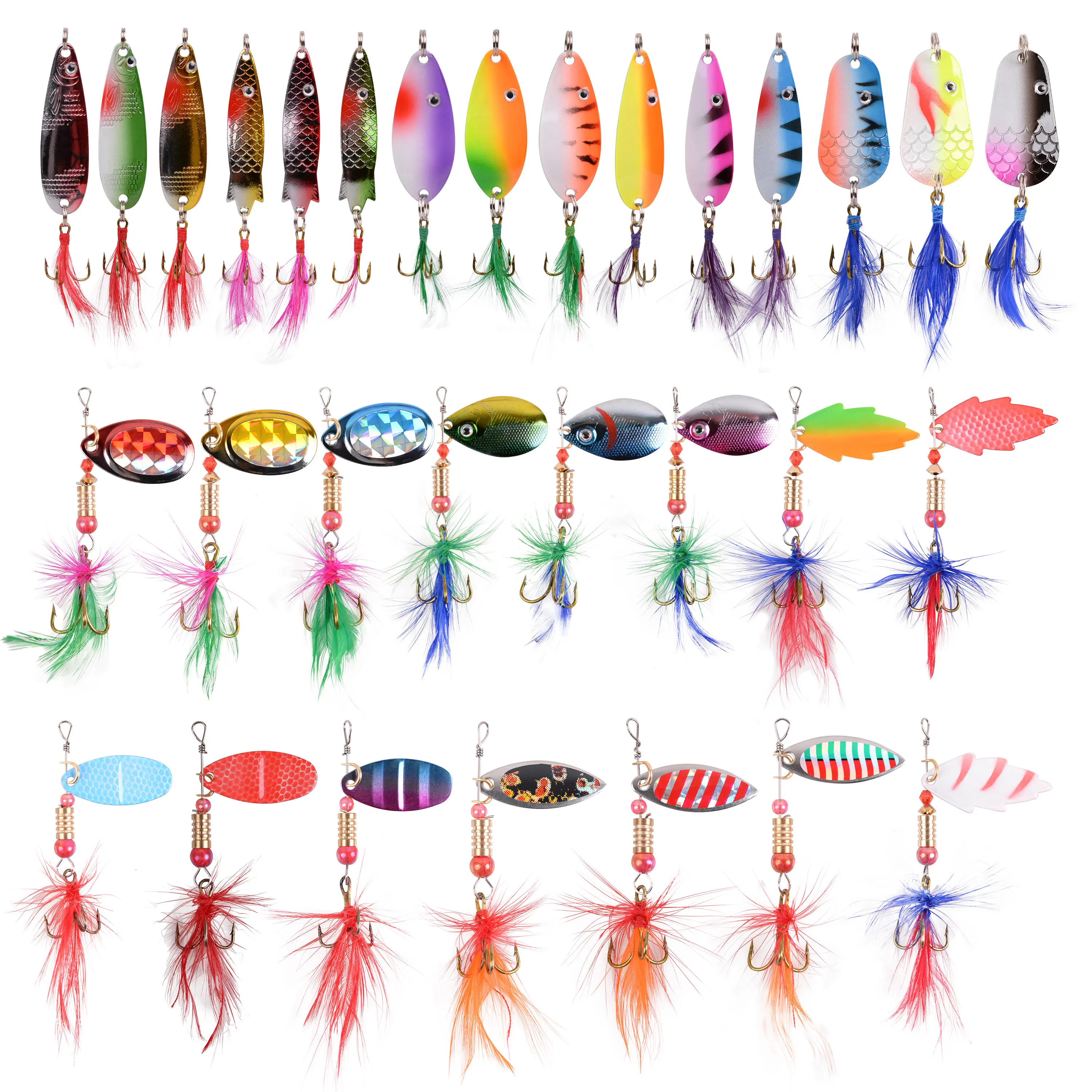 30PCS Roostertail Spinner Fishing Lures Metal Spoon Lures with Feathered Treble Hooks for Bass Walleye Trout