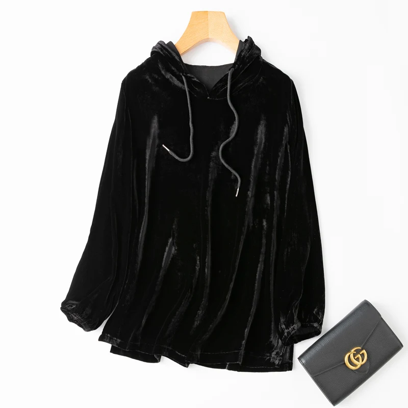 Women 100% Mulberry Silk Velvet Solid Black Loose Type long sleeve Hoodie Sweatshirt Blouse Top Shirt MN903