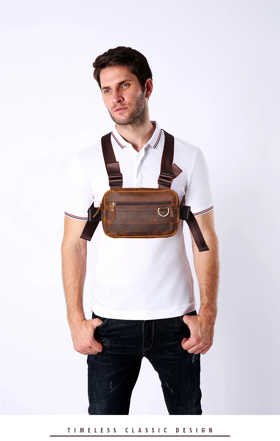 Bolso de pecho Vintage de cuero genuino para hombre, bolsa de aparejo de pecho de dos correas, estilo de moda, paquete de utilidad rectangular,