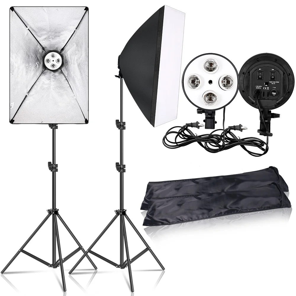 

Tripod Softbox 4 Lamp Holder Light Box White Kit Photography Flash 50x70CM E27 Base Camera Feflector Photo Video Shooting