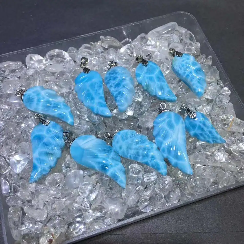 Top Natural Blue Larimar Pendant For Woman Man 17x35mm Wing Beads  Stone Crystal Jewelry