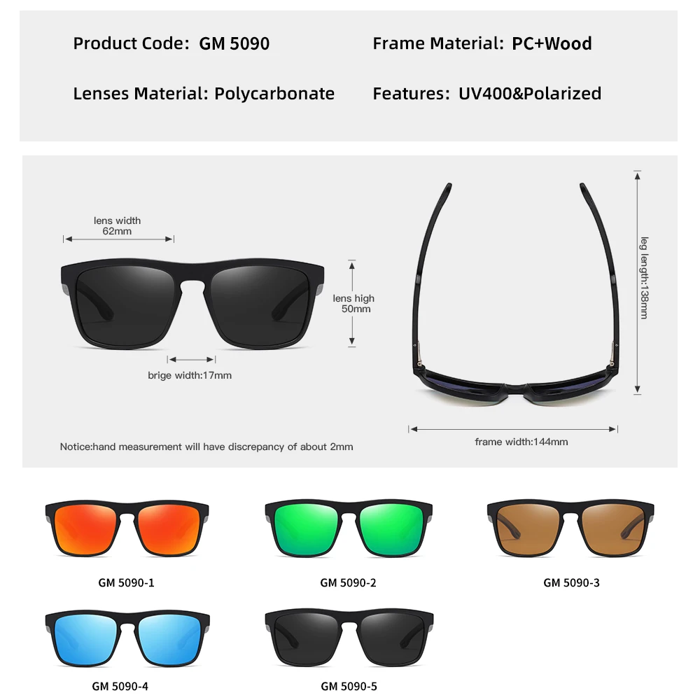 GM Retro Sports Style Polarized Wooden Sunglasses Black Driving Outdoor Square Sunglasses Brand For Men And Women For 5090