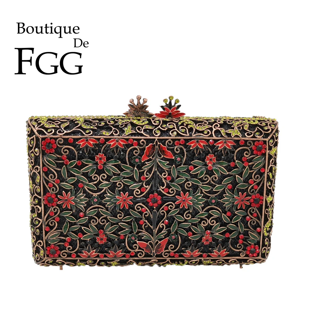 

Boutique De FGG Vintage Women Crystal Evening Bags Metal Hard Case Box Clutch Diamond Minaudiere Wedding Handbag Bridal Purse