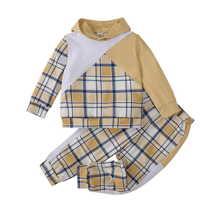 

Spring Boy Clothing Set Casual Plaid Hoodie Sweatshirt Pants Patchwork Boys Clothes Boutique Kids Outfit Boy Sets jogging enfant