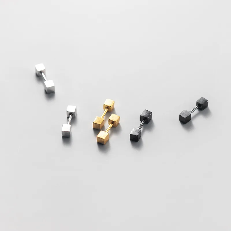 2021 Silver 925 Women's Earrings Small Brushed Cube Black Silver Gold Screw-Back Tiny Stud Sleeper Not Easy To Drop Girl Gift